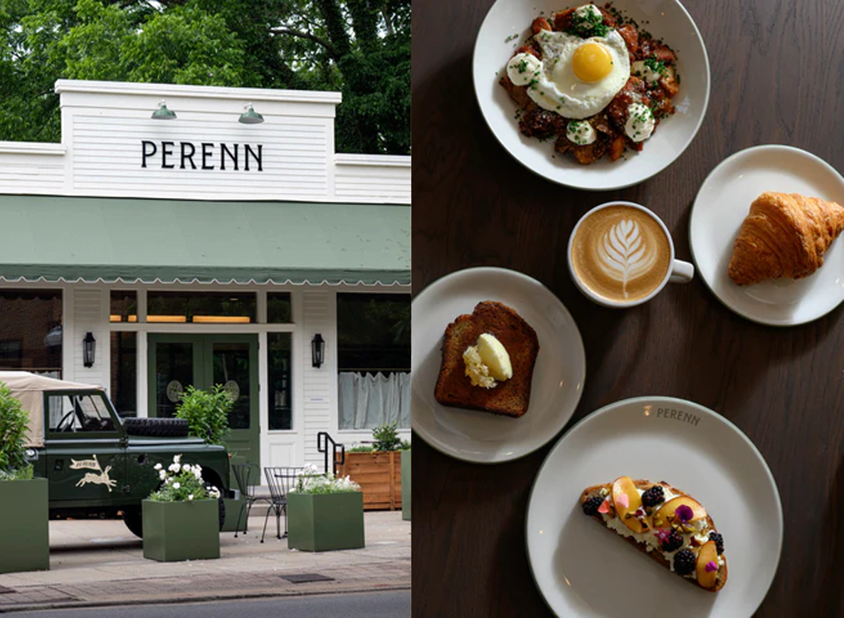 Perenn Bakery Cafe Cafe storefront with a 'PERENN' sign and outdoor seating; a vintage vehicle in front.