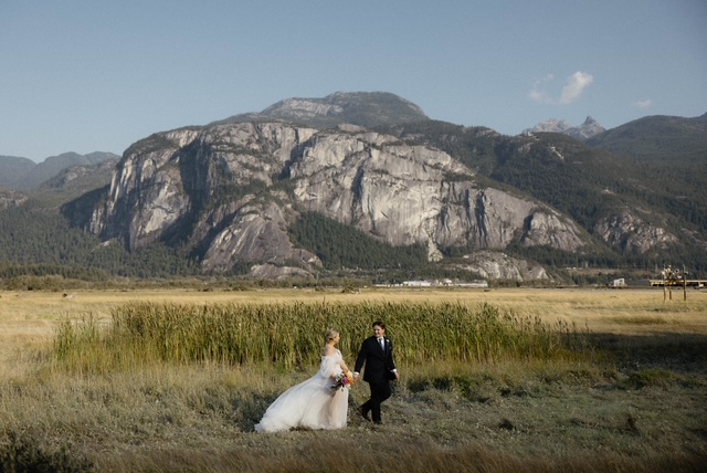 Bride in a white wedding gown and groom in a dark suit walk hand in hand across a grassy field with rugged mountains in the background.”] ,